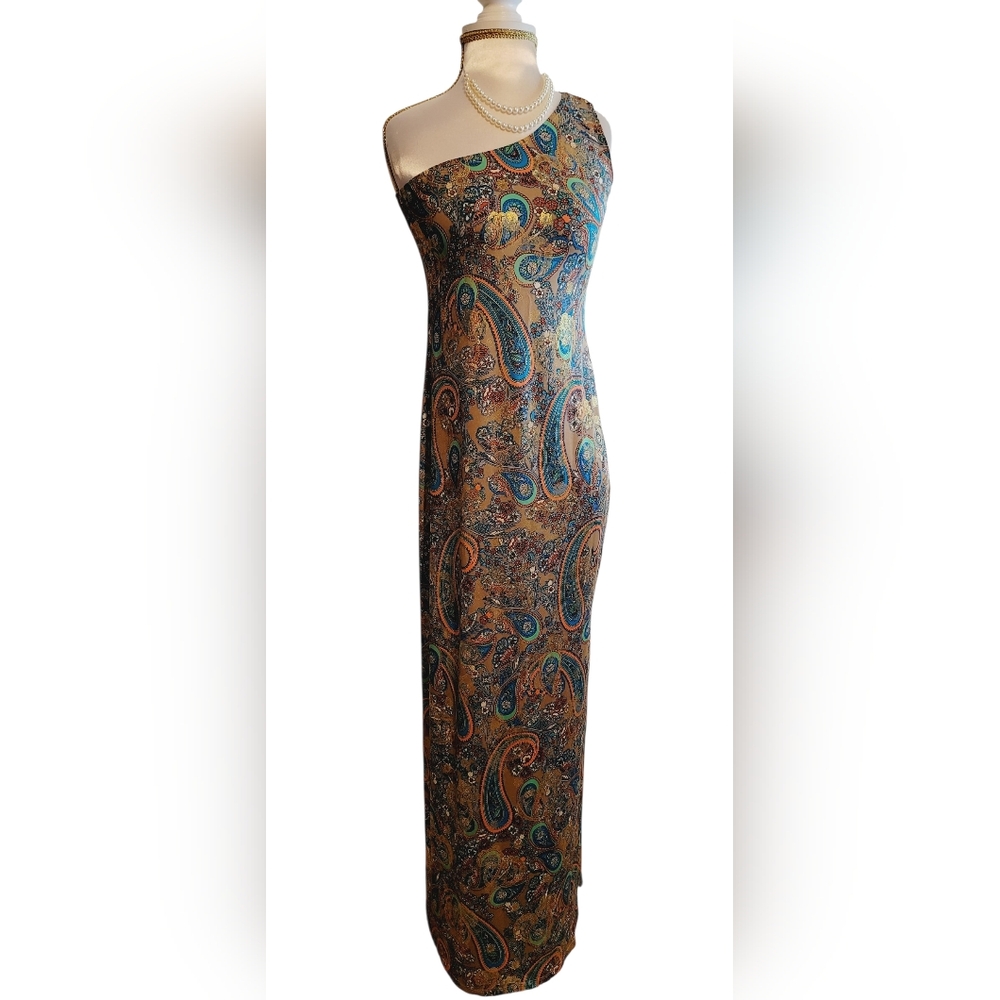 Tiana B. One-Shoulder Sleeveless Maxi Dress with Side Leg Slit Paisley Print